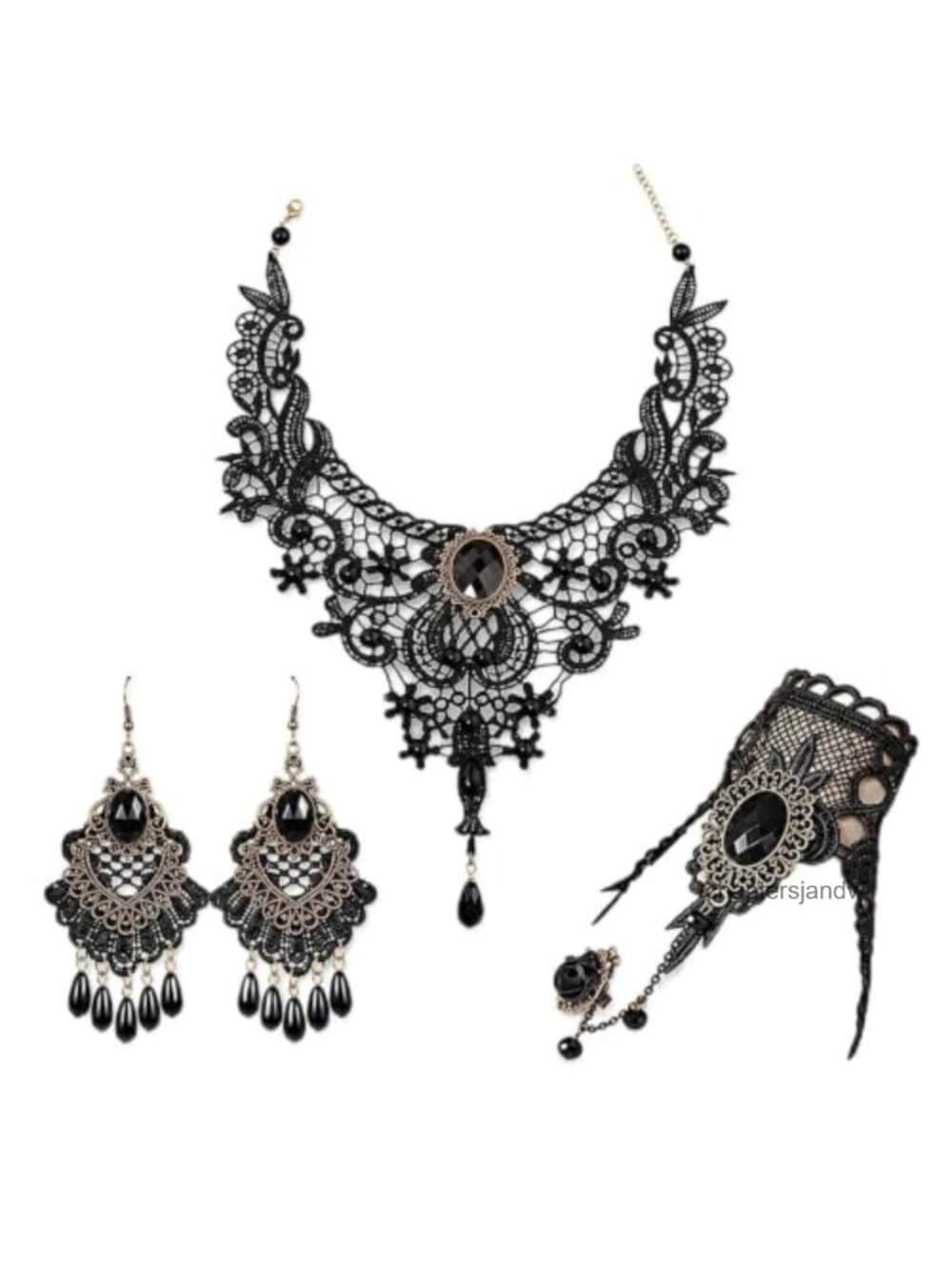 Gothic Black Lace Choker Necklace Earrings Bracelet Ring Set Halloween
